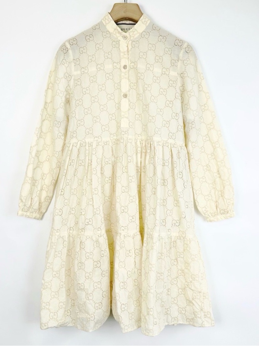 Gucci Cream Logo Tiered Long-Sleeve Dress